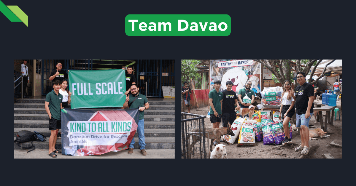 Two photos of Team Davao members holding signs. The left photo shows them with a "Full Scale" banner on stairs. The right photo, taken during Outreach Day 2024, shows them with donations for rescued animals at a shelter.
