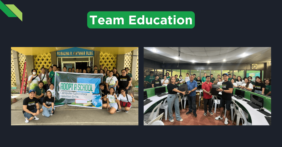 Two photos of a team conducting an educational donation drive and classroom setup during Outreach Day 2024. The left image shows a group holding an "Adopt A School" banner; the right image captures team members inside a computer lab.