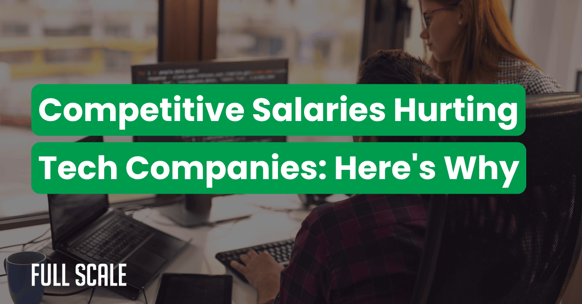 Two people work at computers in an office with text overlay: "Tech Salary Competition: Why High Salaries Don't Retain Developers.