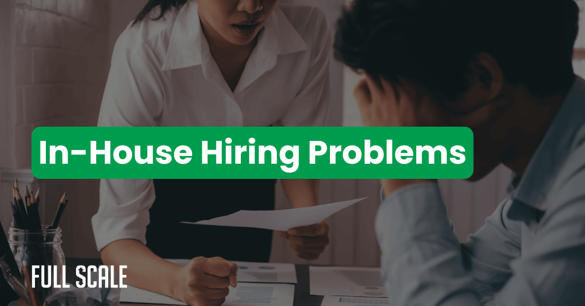 A person hands a document to another who appears stressed, with the text "In-House Hiring Problems" displayed prominently, highlighting common local hiring challenges and the cost of hiring developers.