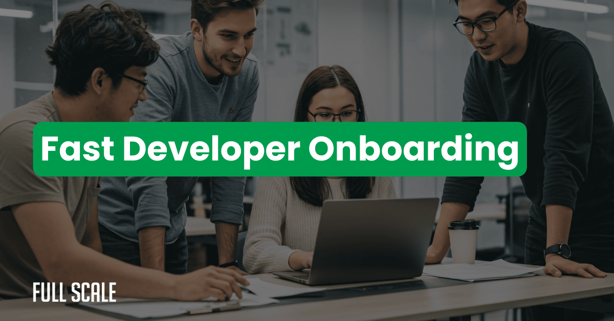 Four people gather around a laptop in an office setting. The text "Fast Developer Onboarding" is displayed prominently, highlighting an efficient developer onboarding process.