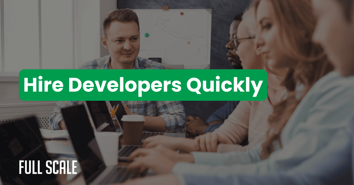 A group of people working at laptops in an office setting, with the text "Hire Developers in 30 Days" overlaid in green and white.