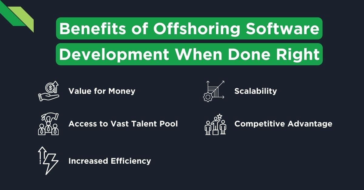 Highlighting the advantages of properly executed offshore software development, including cost savings, scalability, a large talent pool, competitive edge, enhanced efficiency, and insightful outsourcing stories.