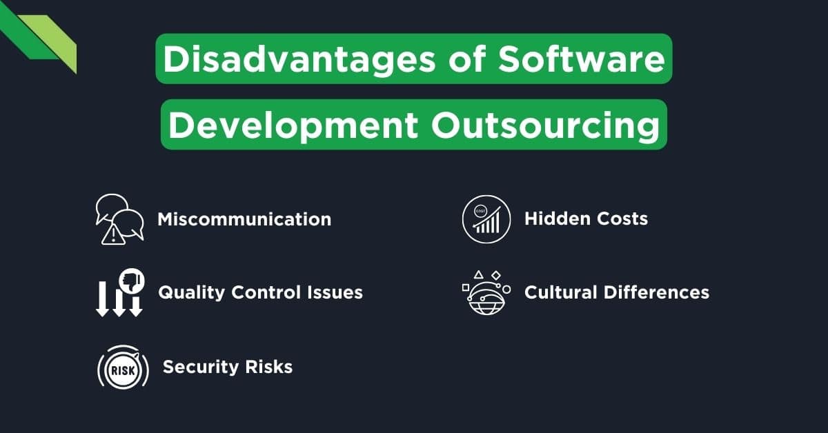 Key drawbacks of outsourcing software development, including miscommunication, hidden costs, quality control issues, cultural differences, security risks, and problematic outsourcing stories.
