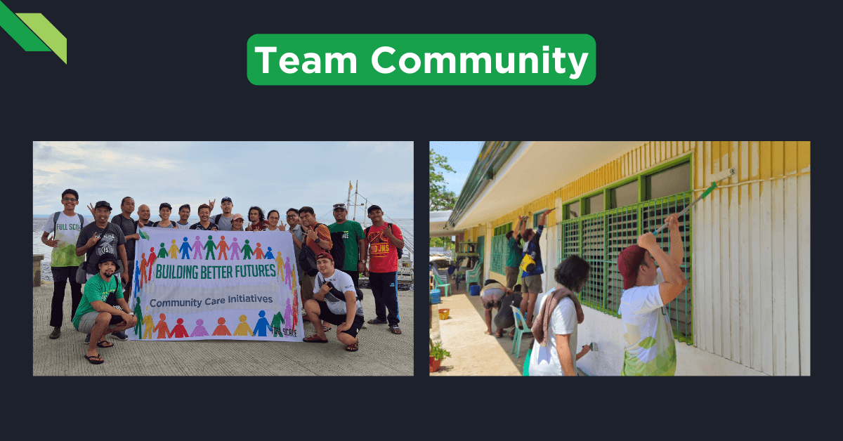 Two images under the banner "Team Community." The left image shows a group holding a "Building Better Futures" banner. The right image displays people painting the exterior of a building during Outreach Day 2024.