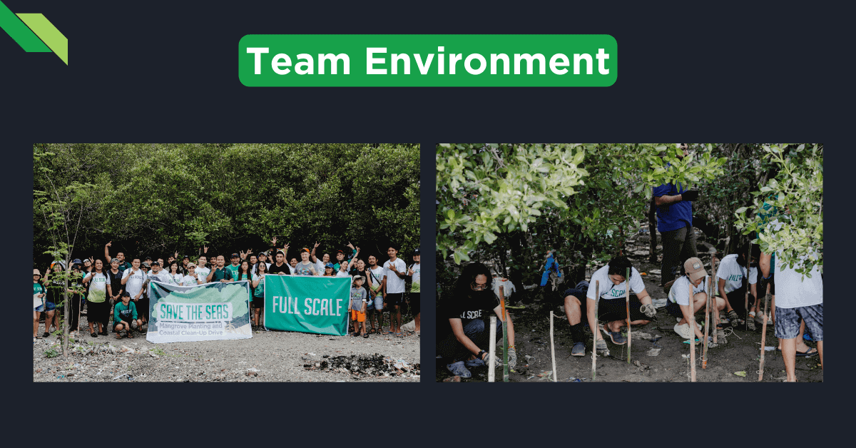 Two images of people working together outdoors: left, a group holds a banner reading "Save the Seas, Full Scale"; right, individuals plant small trees and work on a reforestation project. Header reads "Team Environment. Join us for Outreach Day 2024".
