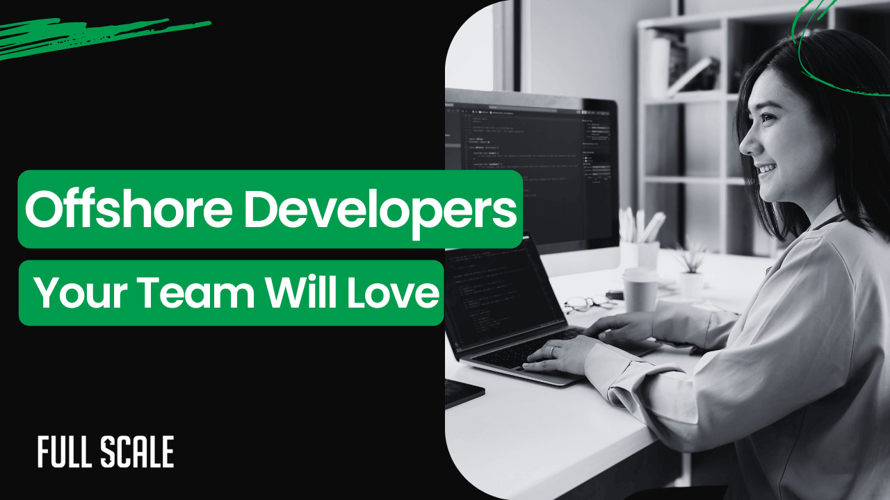 A smiling female developer working at a computer with promotional text for offshore software developers your team will love.