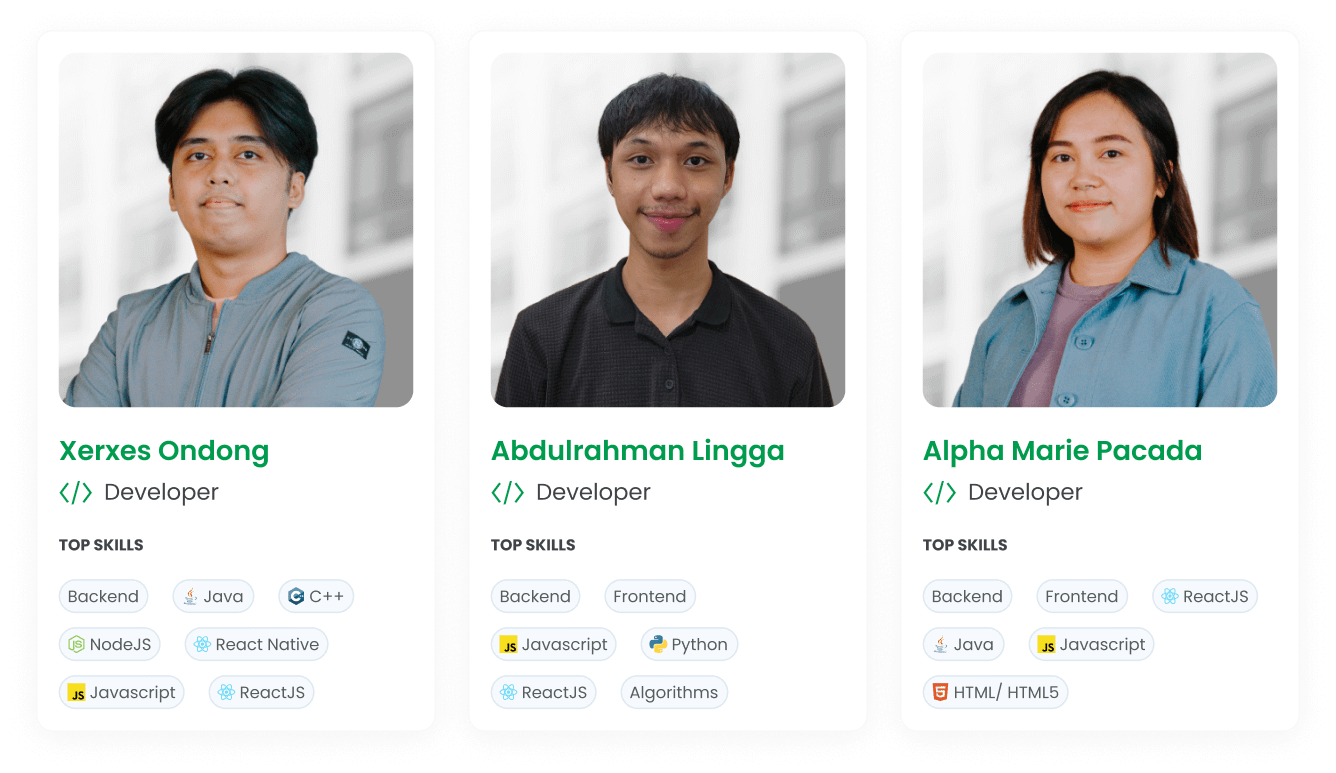 Three profiles of developers: Xerxes Ondong, Abdulrahman Lingga, and Alpha Marie Pacada, showcasing their skills like Java, JavaScript, Python, and technologies such as ReactJS and HTML/HTML5.
