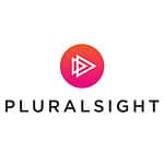 Logo of Pluralsight with the name written in black capital letters beneath a gradient pink and orange circle with a white triangle and three lines, symbolizing resources for software developers.