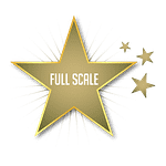 A large gold star with the words "FULL SCALE" in the center, surrounded by three smaller gold stars and radiant lines on a white background.