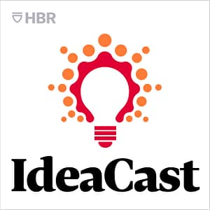 Logo of hbr ideacast featuring a stylized white light bulb surrounded by orange dots in a red splash, with "ideacast" text below, popular among CEO podcasts.