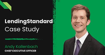 A business presentation slide featuring "LendingStandard Case Study" and a portrait of a man in a suit labeled as Andy Kallenbach, Chief Executive Officer.