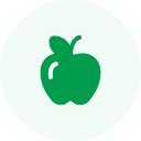 Green circular icon with a white outline of an apple in the center.