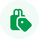 Green circle with a white icon of two ticket stubs inside.