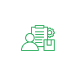 Green line icon showing a person next to a clipboard with documents, a gear, and a package.