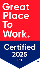 Great Place to Work Certified 2025 PH badge with red and blue background.