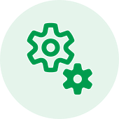 Green circle with a faint outline of two gears in the center.