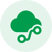 Circular green icon with a faint outline of a cloud and connected nodes, symbolizing cloud technology. Ideal for representing a SaaS development company focused on connectivity and innovation.