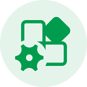 A green circle icon featuring a gear, a rectangle, and a hexagon, representing cross platform app development services.