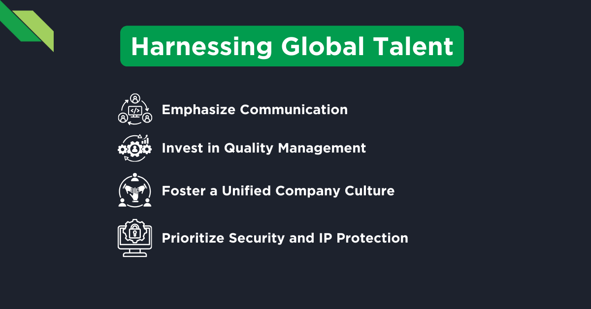 Presentation slide listing strategies to harness global talent: emphasize communication, invest in quality management, foster a unified company culture, prioritize security and ip protection.