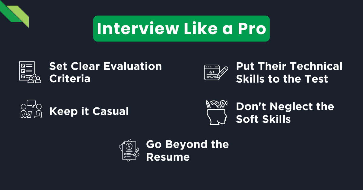 Graphic titled "interview like a pro" with tips including setting clear evaluation criteria, keeping it casual, going beyond the resume, putting technical skills to the test, and not neglecting the soft skills.