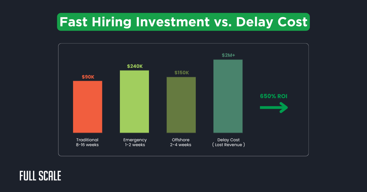 Bar chart compares hiring costs: accelerate software development hiring with rapid developer recruitment—Traditional ($90K, 8-16 weeks), Emergency ($240K, 1-2 weeks), Offshore ($160K, 2-4 weeks), Delay Cost ($2M+ lost revenue, 650% ROI).