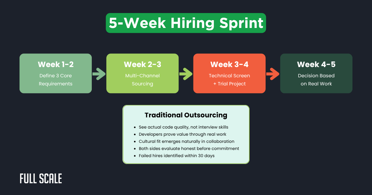 A flowchart illustrates a 5-week developer hiring process, outlining weekly steps and comparing fast developer hiring to traditional outsourcing at the bottom.