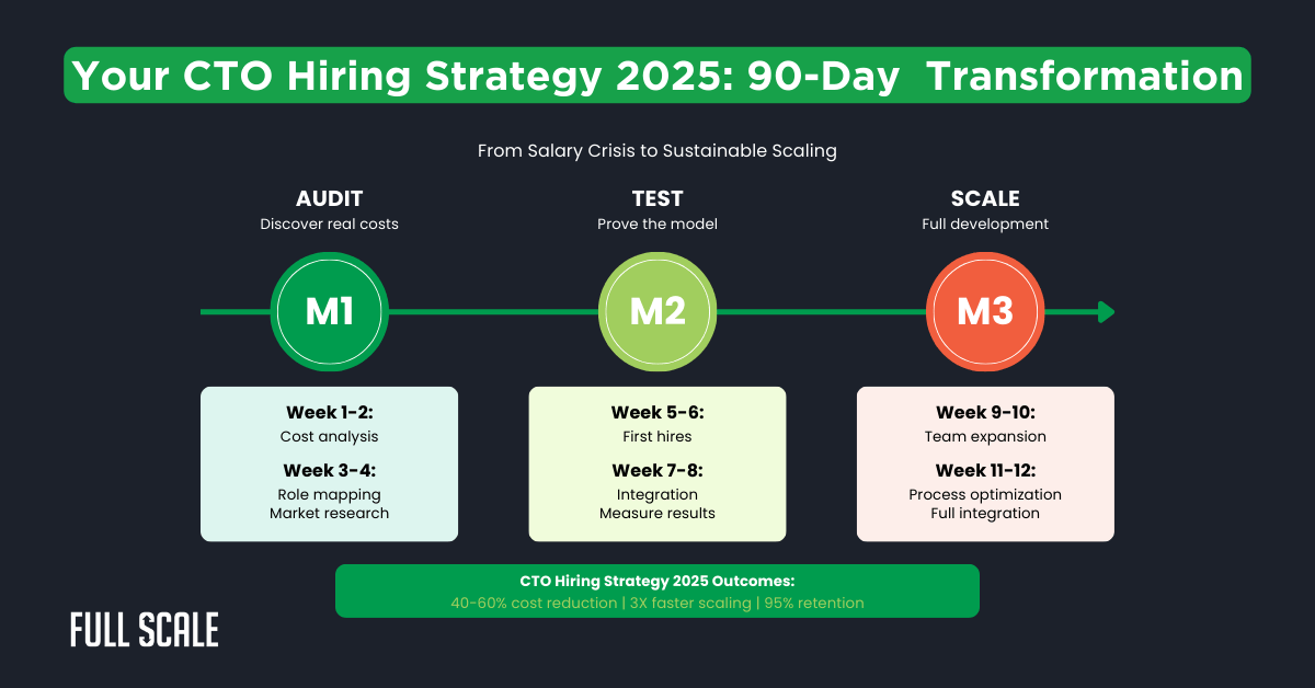 Infographic outlining a 90-day CTO hiring strategy 2025 with three phases: Audit, Test, and Scale, detailing weekly tasks, developer compensation alternatives, and expected outcomes for sustainable scaling.