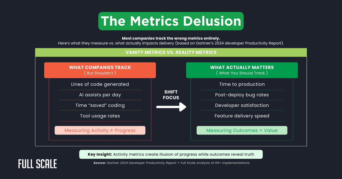 Infographic comparing vanity metrics versus reality metrics in software development, highlighting engineering team productivity and emphasizing focus on outcomes over activity for true value.