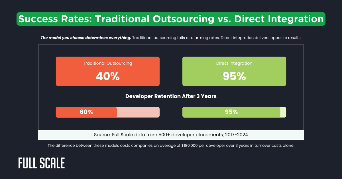 Infographic comparing success rates: Traditional Outsourcing (40% success) vs. Direct Integration using PHP staff augmentation (95% success), with corresponding developer retention rates after 3 years.