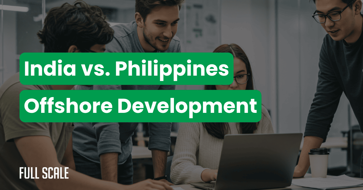 Four people gather around a laptop in an office; overlaid text reads “India vs. Philippines offshore development: exploring offshore developer retention rates.”.