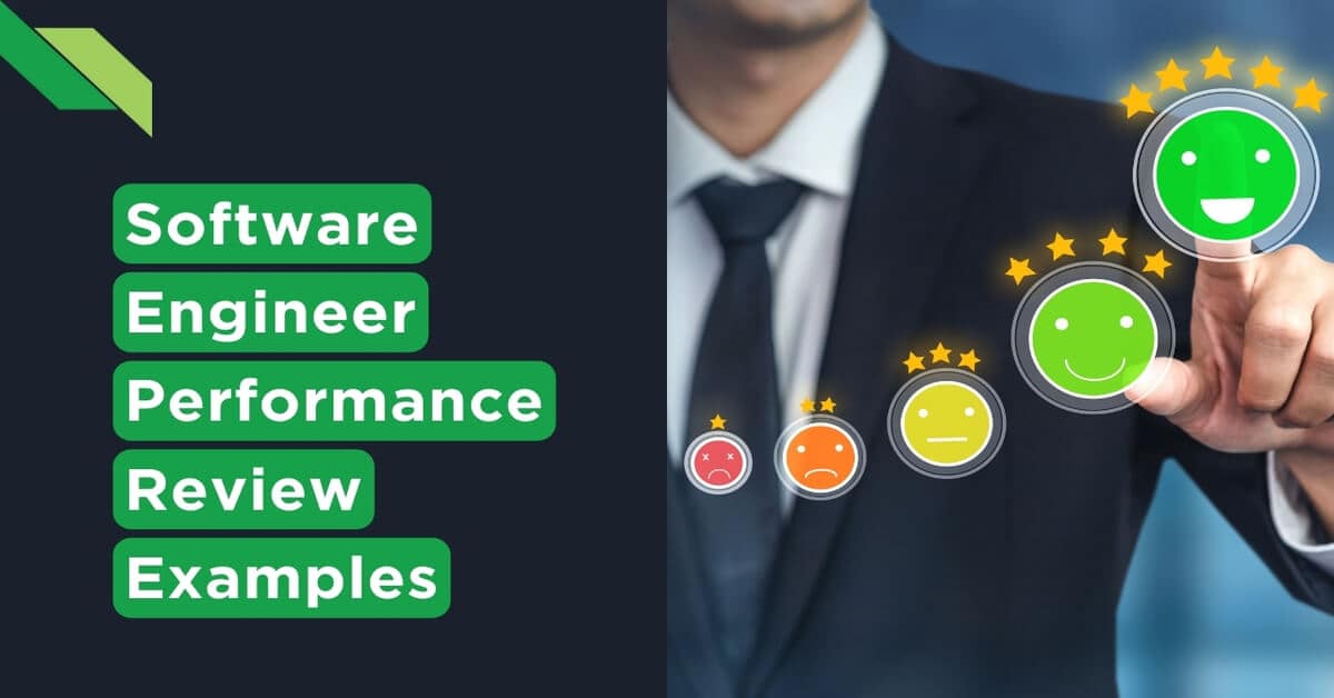 A professional in a business suit selecting a positive rating during a software engineer performance evaluation.
