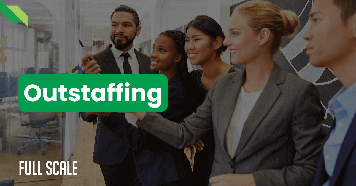 A group of professionals in formal attire engaging in a discussion with the word "Outstaffing" displayed prominently over the image. The words "Full Scale" are in the lower left corner.
