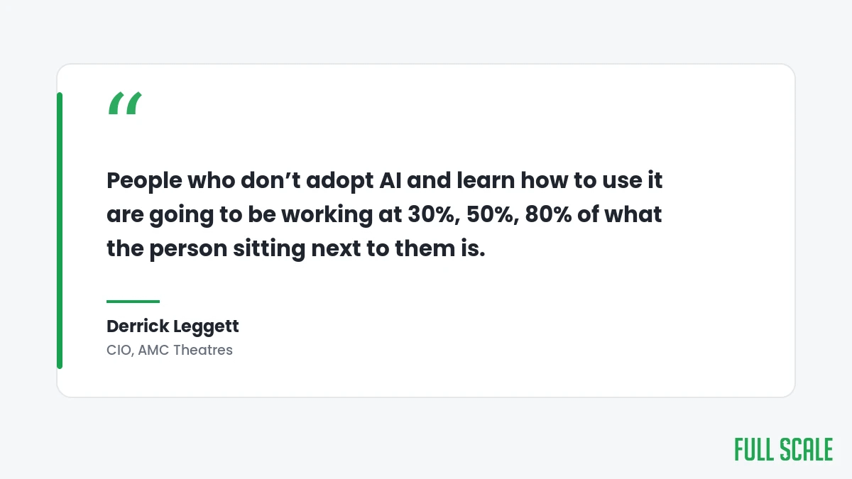 Derrick Leggett quote: people who do not adopt AI will be working at 30, 50, 80 percent of the person next to them