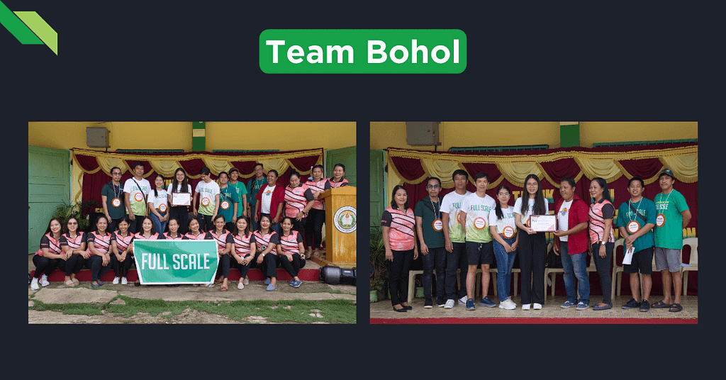 Two groups of people standing in front of a building. The left group holds an "Outreach Day 2024" banner, while the right group displays certificates. A banner above reads "Team Bohol.