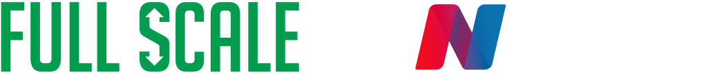 Full Scale and Novel Capital Collaboration Green text "FULL SCALE" with arrows, a plus sign, and a red and blue stylized "N" next to black text "novel capital" against a dark background.