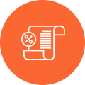 Icon of a rolled-up document with a percent symbol on an orange circle background.