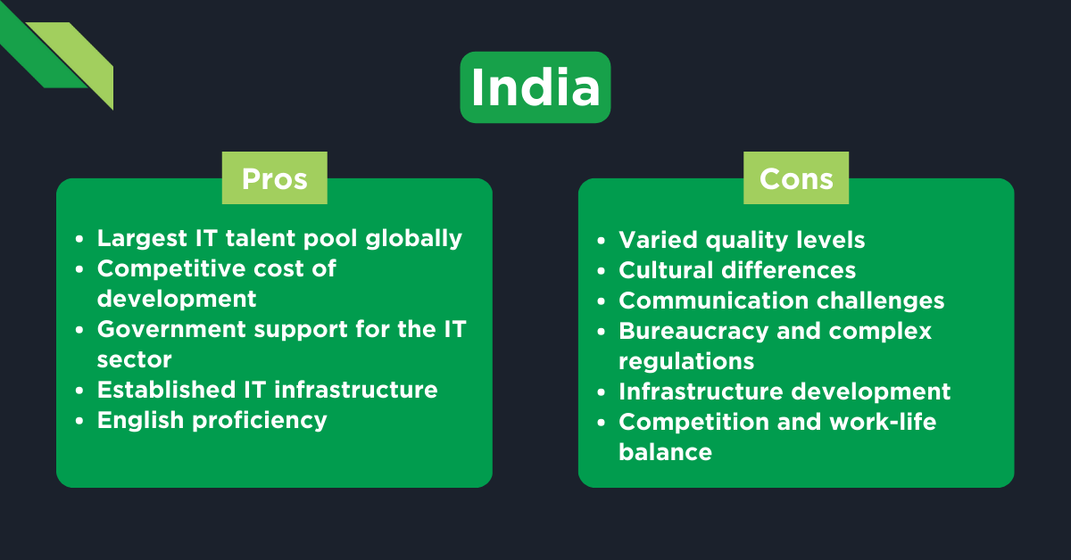 A comparison of the pros and cons of India's IT industry, highlighting its large talent pool and competitive cost alongside challenges such as bureaucratic complexity and work-life balance. With its reputation as one of the best