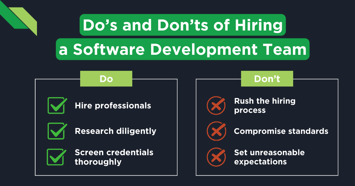 Best practices for hiring a software development team, highlighting the dos and don'ts to ensure a successful recruitment process.
