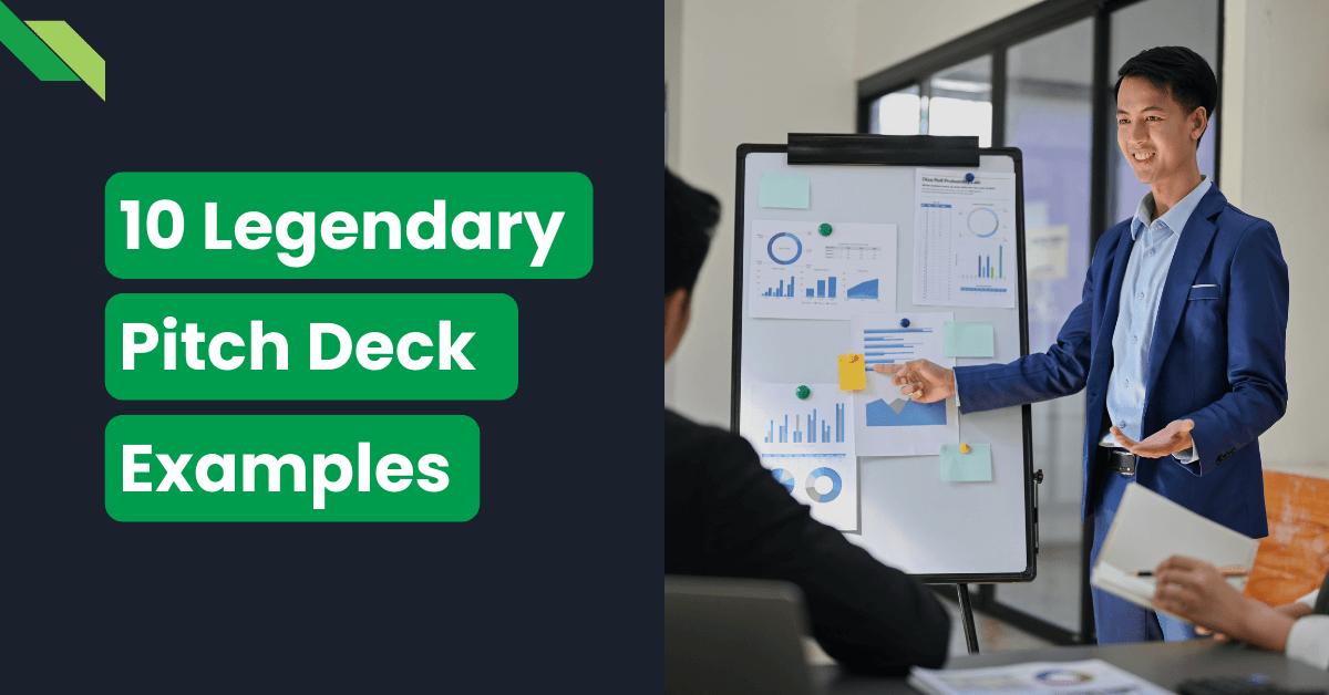 Business professional presenting pitch deck examples during a meeting.