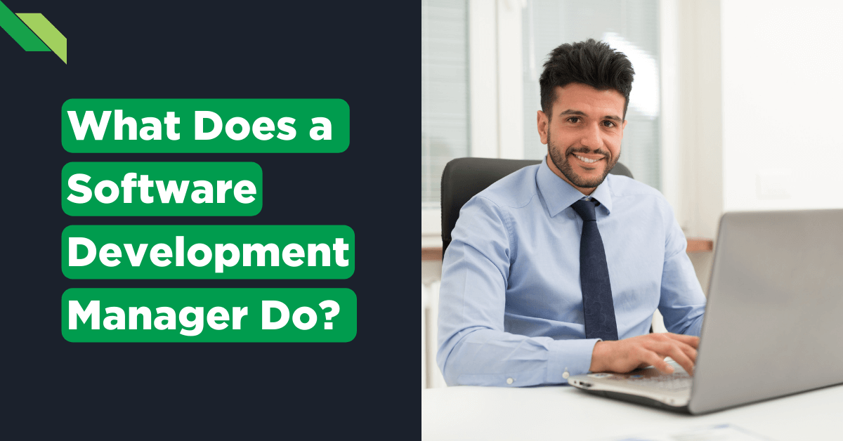 Professional at a desk with a laptop, exploring the role of a Software Development Manager.