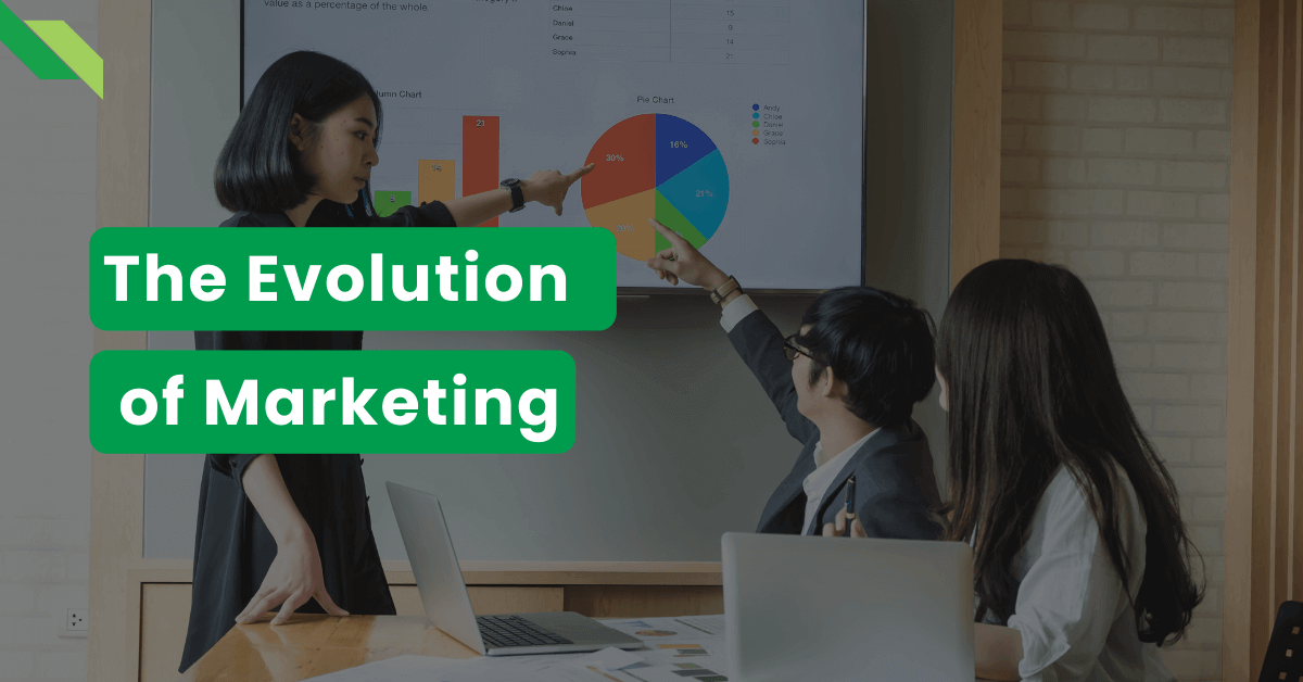 Business professionals discussing marketing strategies with a pie chart marketing presentation.