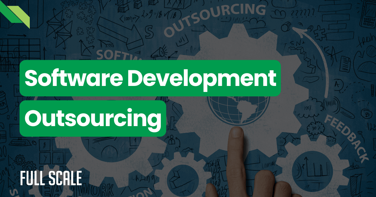 Text "software development" overlaid on a graphic background with icons related to technology and global business, including a globe and coding symbols.