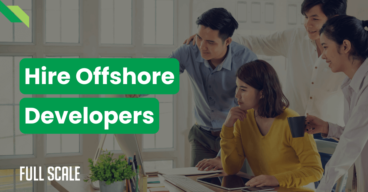 A group of people collaborating at a desk in an office with "Offshore Development" text prominently displayed.