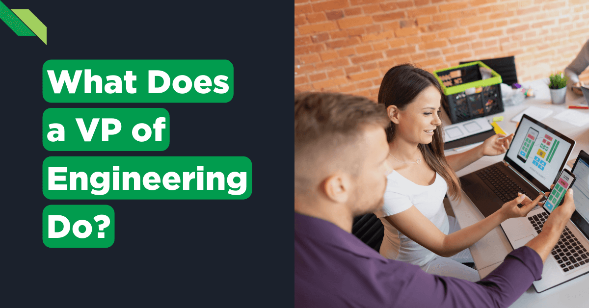 Two professionals discussing over a laptop in an office, with a graphic that reads "What Does a VP of Engineering Do?