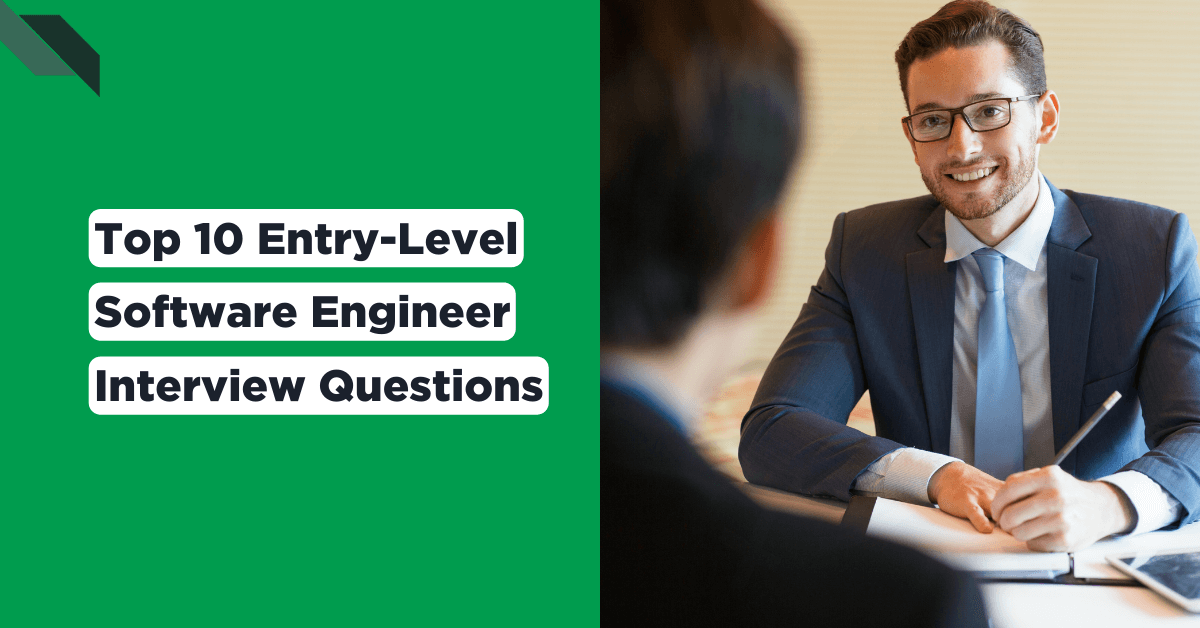 Two individuals in a job interview, one in a suit, with text "top 10 entry-level software engineer interview questions.