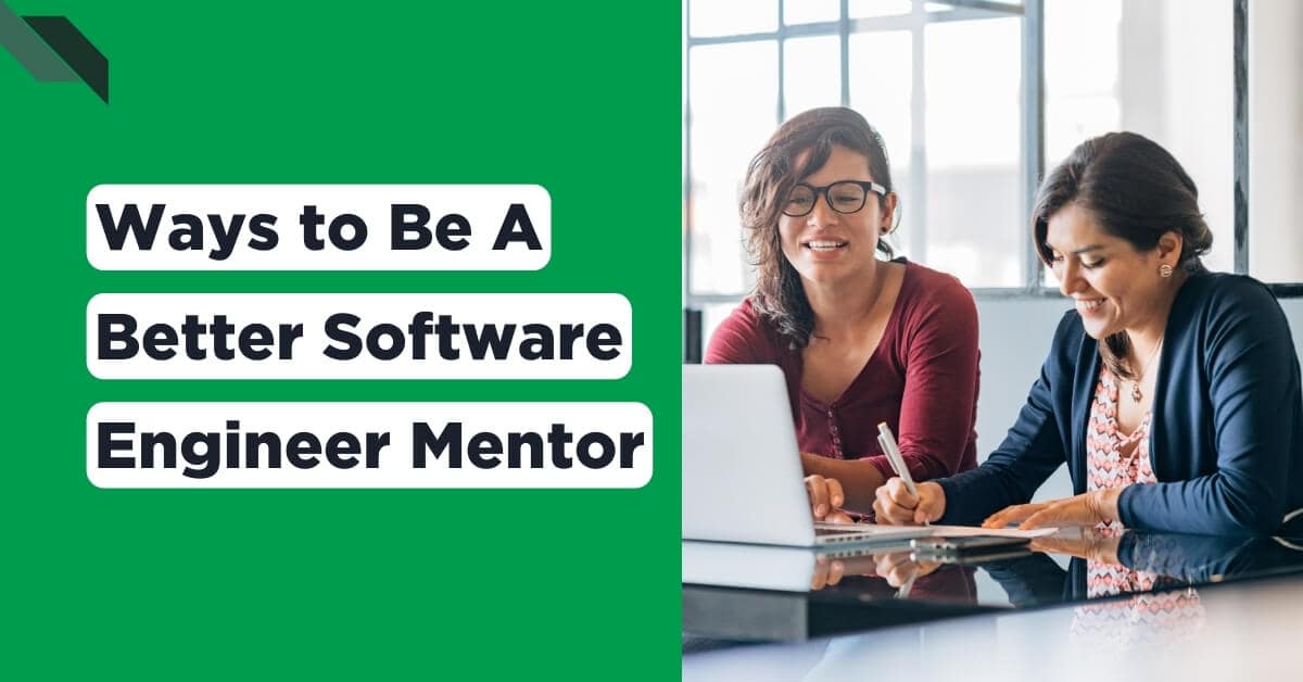 Two professionals collaborating at a table with a presentation in the background titled "ways to be a better software engineer mentor through effective mentorship".