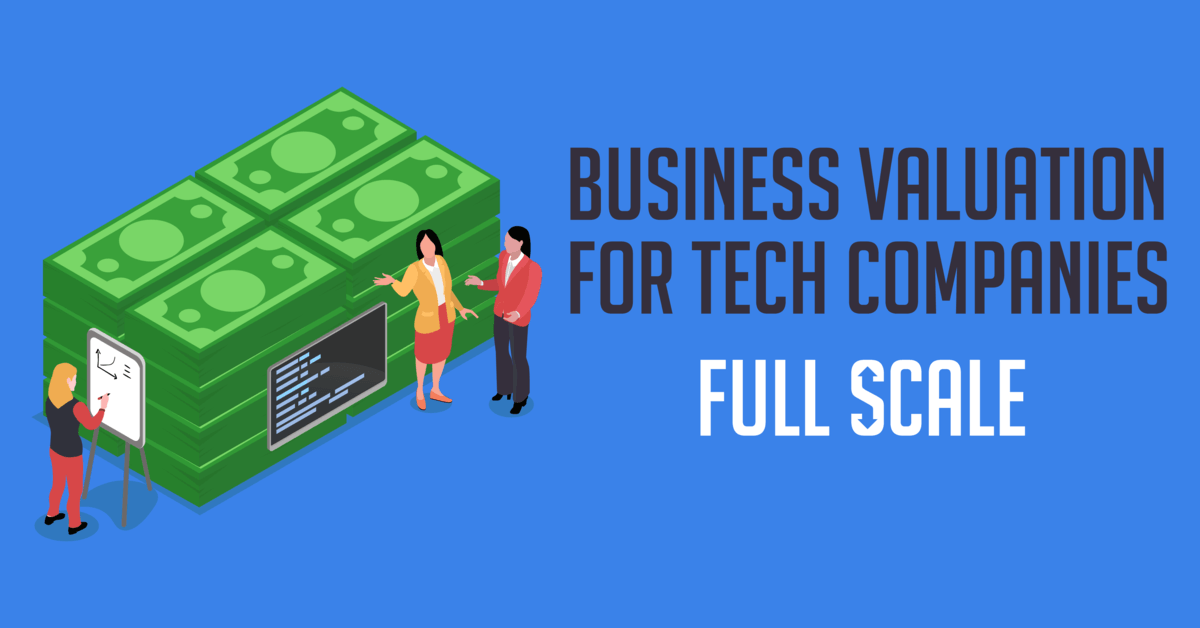 An illustration depicting three individuals engaging in a discussion next to large stacks of currency, with text that reads "business valuation for tech companies.