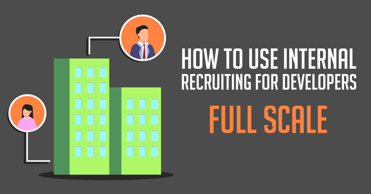 A graphic promoting "Internal Recruiting for Developers" with a depiction of office buildings and icons representing professional individuals.