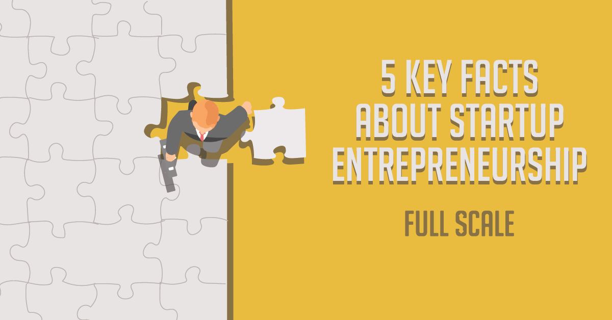 An illustration of a person in formal attire holding a puzzle piece, with the text "5 key facts about startup entrepreneurship" next to a partially completed puzzle, suggesting a metaphor about assembling the necessary elements for